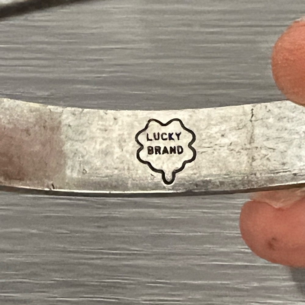 Lucky Brand Silver and Enamel Bangle Bracelet, White, Teal, Boho - Picture 4 of 6